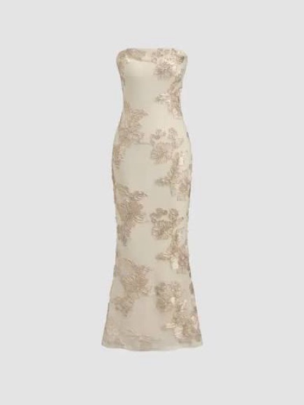 Cider Strapless Cream Dress With Gold Floral Embroidery